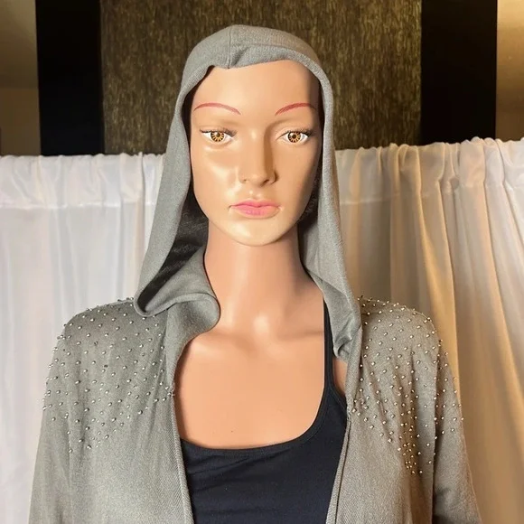 Cullen Studded Hooded Open Front Cardigan Olive Gray Size Small Pockets - Picture 2 of 12
